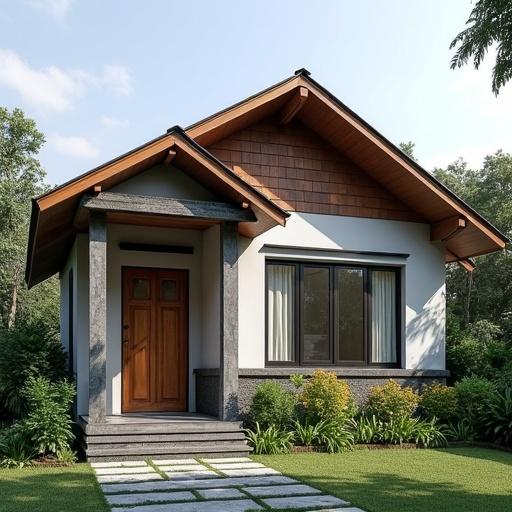 Single-story house with tiled roof. Front view divided into left and right sections. Left side has terrace and living room, with the door on the right side. Right side features garage in front of bedroom with a window one meter above bedroom floor.
