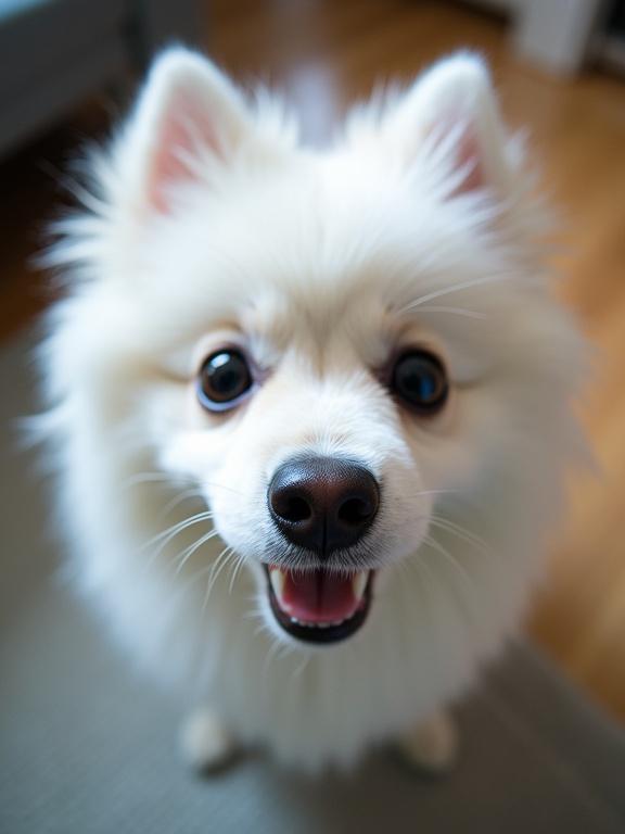 White Pomeranian dog nose close to the camera. Fisheye lens distortion creates a unique perspective. Fluffy white fur is prominent. Soft background with wooden floor texture.