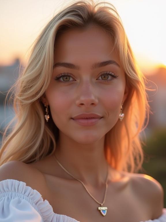Close-up digital portrait of a young woman taking a selfie. Fair-skinned Colombian woman from Medellín with light honey-brown eyes and delicate features. She has long slightly wavy blonde hair with curtain bangs and wears natural makeup. Accessories include heart-shaped gold earrings and a 'T' pendant necklace. Dressed in an off-shoulder white blouse. Dreamy soft-focus background of Medellín’s skyline at sunset. Her gaze is direct and confident.