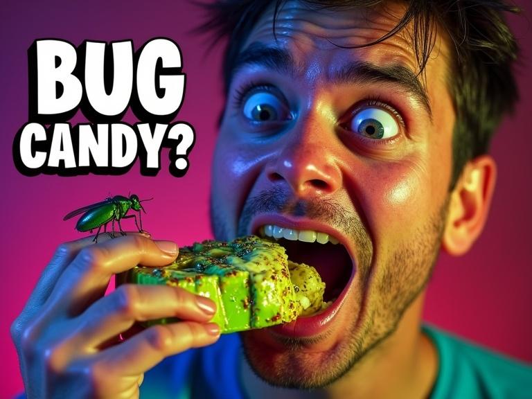 Close-up of a person with bulging eyes. A comically nauseated expression mid-bite into a candy bar with colorful bugs. High-contrast lighting emphasizes the grimace. Vibrant neon colors dominate the scene. Playful typography with 'BUG CANDY?!' positioned at the top left. A cartoonish bug crawls near the candy. Asymmetrical layout with focus on the person's face and candy. Surreal, meme-inspired composition.