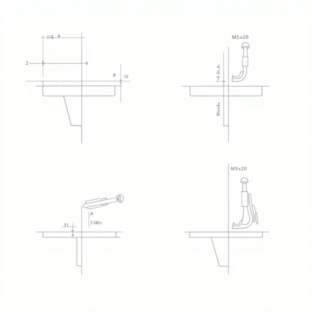 Create a series of technical illustrations showing step-by-step how to mount the PC-Mount under the Ergohide desk. Show the correct positioning of the mount and distances from the edges of the desk. Highlight the use of provided screws including M5x14 and M5x20. Visualize the mounted PC-Mount clearly after installation. Use only black and white technical drawings with precise measurements and clear lines, omitting any textual explanations.