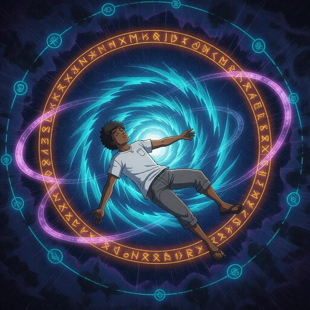 A Dominican man floats unconscious in a dark cosmic space. Medium brown skin; short curly black hair. Wears a soaked white t-shirt and gray shorts. Sandals lost. Glowing spiral tunnel of water and light. Surrounded by blue, purple, golden tones. Rays of light across the scene. Background resembles a dimensional rift. Mystical and dreamlike atmosphere. Full color, anime manhwa style, dynamic floating pose, surreal environment.