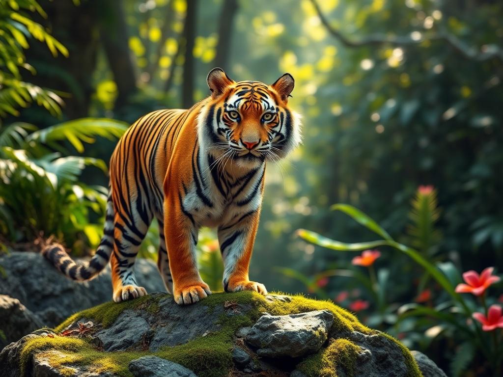 A powerful tiger stands confidently on a moss-covered rock in a sunlit forest clearing. The play of light and shadow highlights its vibrant orange and black stripes, while lush vegetation and blooming lilies add a touch of serenity to the scene.