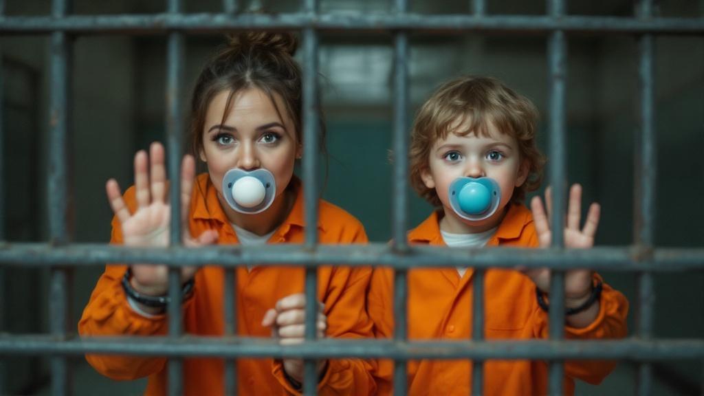 Playful scene in jail. Mother appears to leave children inside cell. Children  wear orange jumpsuits. Two kids handcuffed and waving. Oversized pacifiers in mouths. Environment mixes humor with innocence.