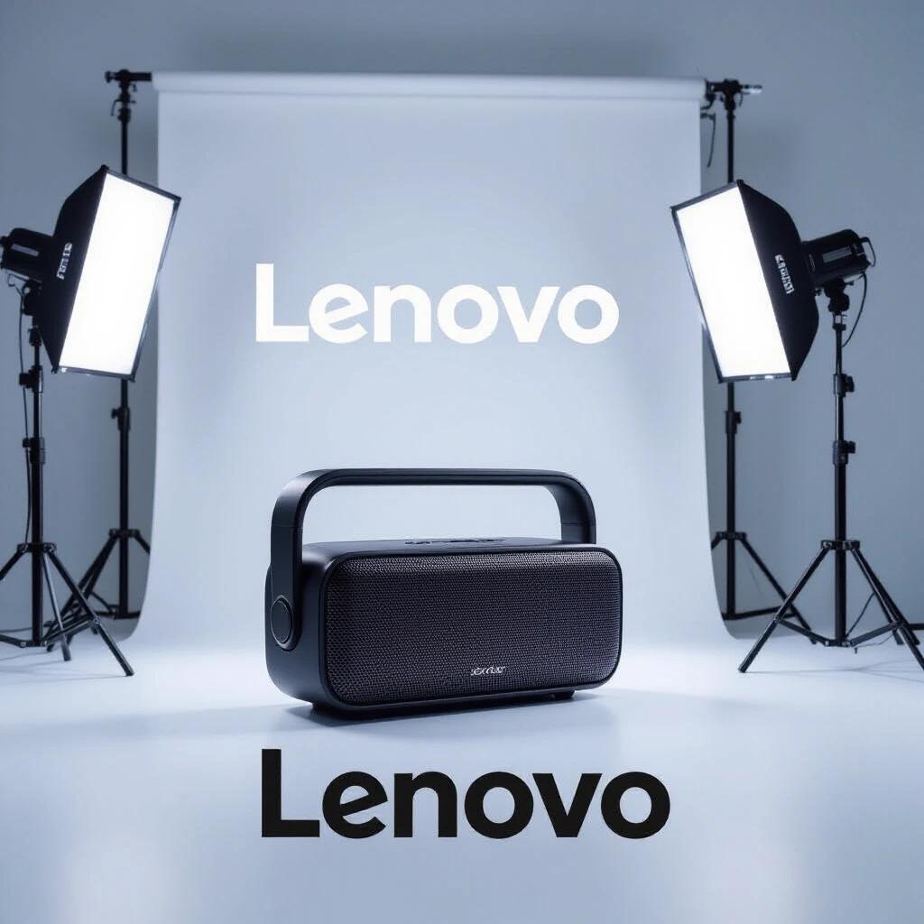 Lenovo Bluetooth speaker on seamless white cyc wall with studio lighting. Hero product placement. Negative space for text overlay. Background pure white seamless with gradient falloff. Text is Helvetica Neue Ultra Light. Professional color grading. Dust removal. Geometric correction.
