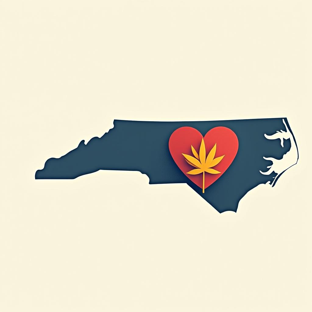 Outline of North Carolina. A heart with a cannabis leaf inside. Colors are simple and bold. Modern design style.