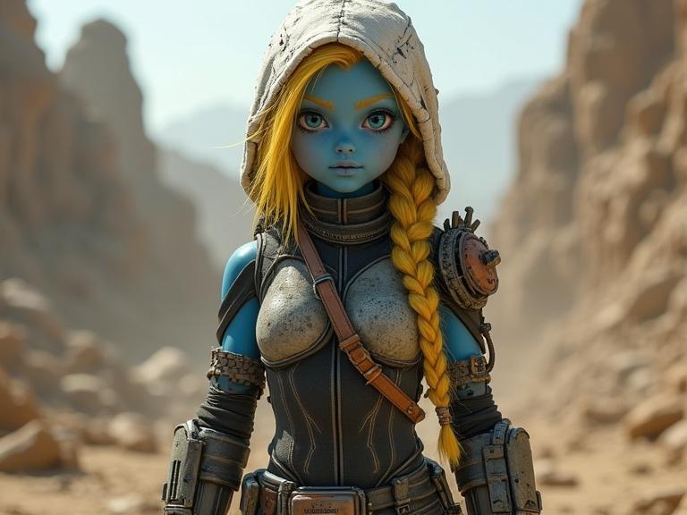 A warrior stands in a post-apocalyptic landscape. She has blue skin and icy blue eyes. Her hair is long and braided. She wears high-tech armor with glowing veins. A tattered combat hood rests on her head. Utility pouches and weapons are attached to her belt. She has dirt and blood on her face. The environment is chaotic with rubble.