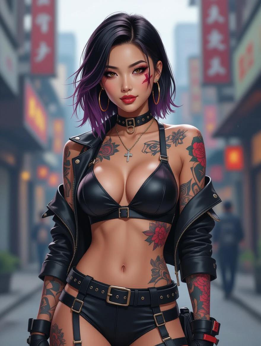 Illustration of a cyberpunk Asian model in a sexy outfit with tattoos. Bold makeup enhances her look. She has an asymmetrical haircut. The model looks dangerous and confident with a half-smile and her chin up.