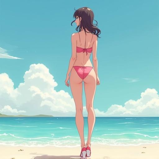 Model in an anime style at the beach. Standing with back to viewer. Wearing a pink swimsuit and platform heels. Light breeze and sunny sky present.