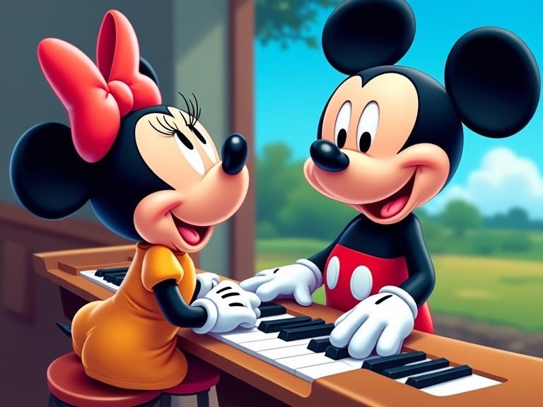 Mickey and Minnie Mouse are having piano lessons together. Mickey smiles while playing the piano with Minnie. Minnie wears a yellow dress and a red bow. A bright and cheerful background shows greenery outside.