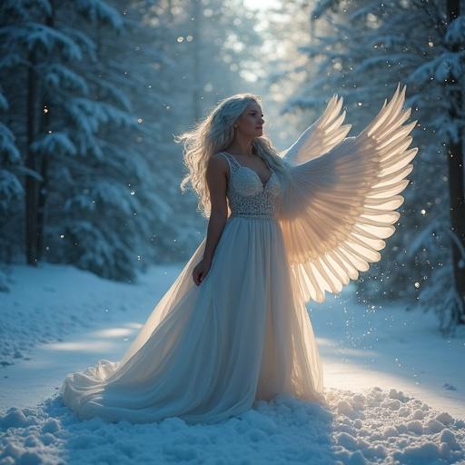 Breathtaking elven figure with long white hair and blue eyes. Wings unfurled. Standing on icy ground. Surrounded by falling snow and a mystical forest backdrop. Ethereal light and soft colors create a magical atmosphere.
