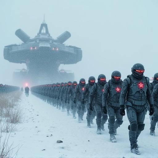 Hyper-realistic photo of massive futuristic Russian military army marching through a frozen battlefield under snowfall. Thousands of soldiers in steel-gray armored exosuits. Glowing red visors and red star insignias. Walking in tight synchronized formation. Surrounded by autonomous ground drones and tanks. Behind them looms the colossal ZIMA-1000 war fortress. Smoke and frost fill the air. Cinematic cold war tension. Photorealistic and ultra-detailed.