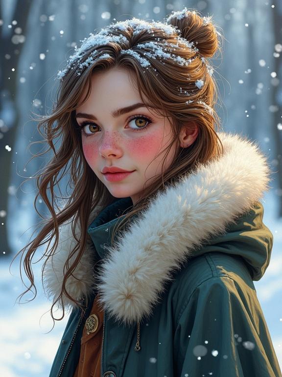 Hyper-detailed hand-drawing of a young woman in winter. She has rosy cheeks and snow in her hair. Wearing a fur-lined cloak. The eyes sparkle with winter magic. Includes dynamic lighting, bold borders, and falling snowflakes.