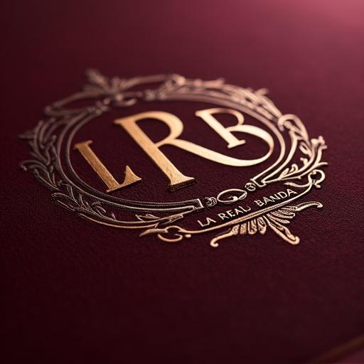 Close-up of a sophisticated album cover with dark wine-red background. Large embossed monogram 'LRB' centered with moiré silk texture. Hot-stamped text 'LA REAL BANDA' in rose gold foil. Creative lighting highlights textures. Macro photography style. Aspect ratio one by one.