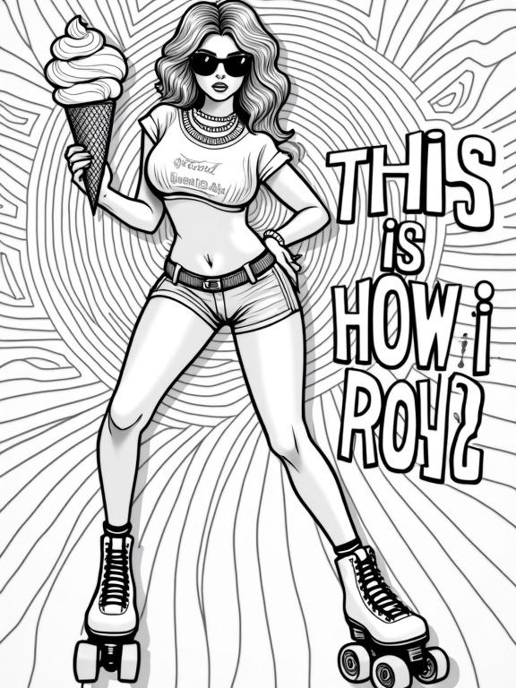 Create a coloring page featuring a tall curvy woman with voluminous wavy blonde hair on roller skates. She is wearing retro sunglasses and holds an ice cream cone with whipped cream and scoops. Background has 70s psychedelic design with concentric circles and fluid lines. Text 'THIS IS HOW I ROLL' in a circular arc with thick outlines.