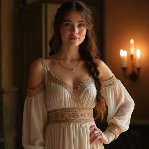 A 25-year-old woman stands in a medieval fantasy setting. She has a curvy figure with an elegant bust and slender waist. Her face shows warm brown eyes and a delicate smile. Long chestnut hair is braided. She wears a pale earthy-toned nightgown with embroidery. The atmosphere is peaceful and illuminated by warm candlelight. One hand rests on her hip. Soft textures are visible.