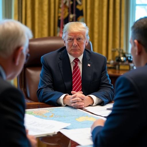 US President Donald Trump in the White House's Situation Room with national security advisors. Discussing the adjustment of US military forces and strategies in the Western Pacific. Lay out maps, military charts, and intelligence reports during the debate.