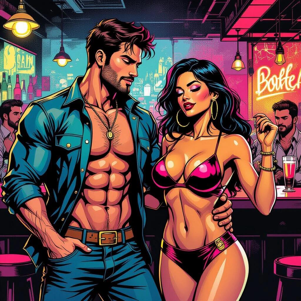 A colorful portrait style illustration in a comic book format. Characters are semi-realistic and highly detailed. There are two male and one female characters dancing in a nightclub. All characters are attractive and showcase diverse ethnic backgrounds. The setting is lively and vibrant with bright colors and bold lighting.