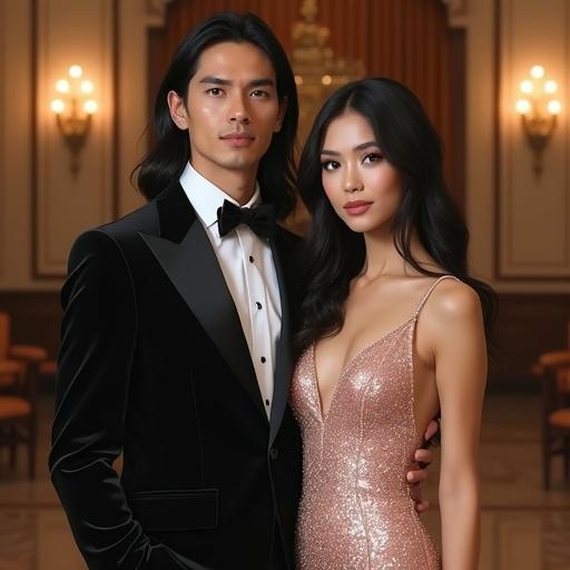 A handsome man with long black hair in a black tuxedo beside a beautiful woman in a rose gold wedding gown. They look directly at the camera in an elegant wedding hall with luxurious decorations. Soft lighting creates a romantic atmosphere. Highly realistic details and clarity.