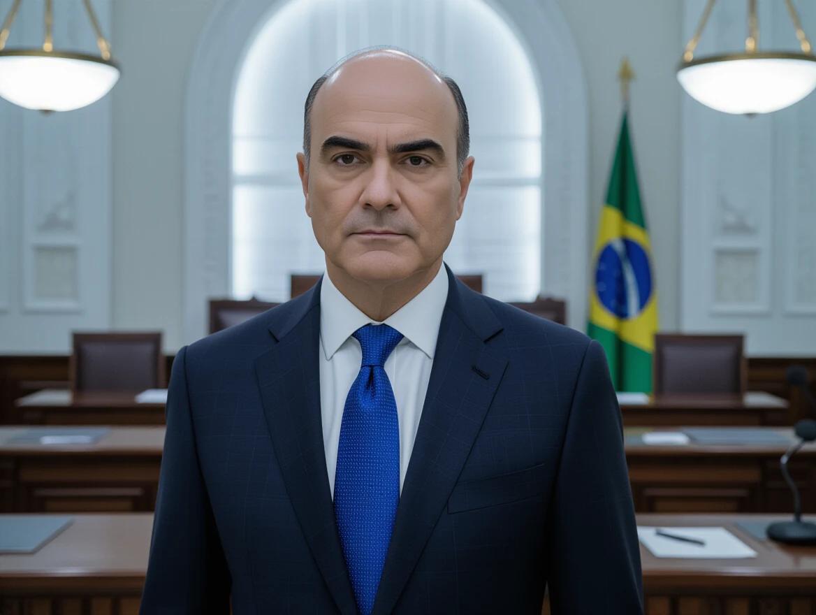 Ultra-realistic 3D portrait of a middle-aged man in a formal suit with a blue tie. The environment is an official setting with a blurred background showing a courtroom and a Brazil flag. The man has a serious expression, is bald, and is standing in an imposing posture, looking directly at the camera.
