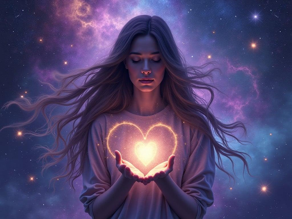 The image features a person with long flowing hair, set against a cosmic background filled with stars and galaxies. Their face is obscured, focusing the attention on the ethereal aura surrounding them. Vibrant hues of purple, blue, and hints of gold create a mystical atmosphere. A heart-shaped glow emerges from where their hands meet, symbolizing warmth and connection. The swirling patterns around the figure illustrate movement, giving a sense of magic and energy. The overall composition conveys feelings of serenity and wonder, inviting viewers to contemplate the cosmos.