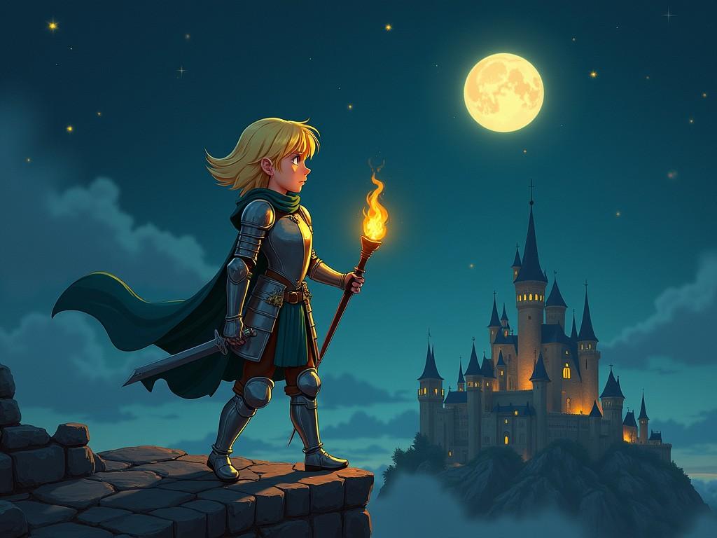 A young knight, clad in gleaming armor, stands resolute on a stone outcrop under a star-filled night sky. Holding a flaming torch, he gazes at a magnificent castle perched in the distance, whose towers ascend majestically under the glow of a full moon. The clouds part subtly, adding mystery and depth to this enchanting scene.