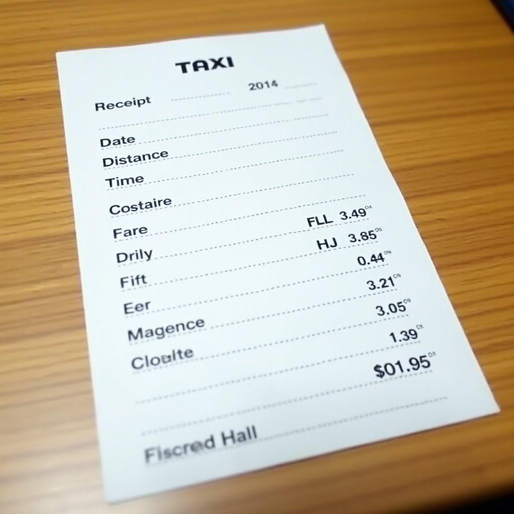 Blank receipt template for taxi rides. Contains fields for passenger data and trip details. Suitable for personal finance management and travel documentation.