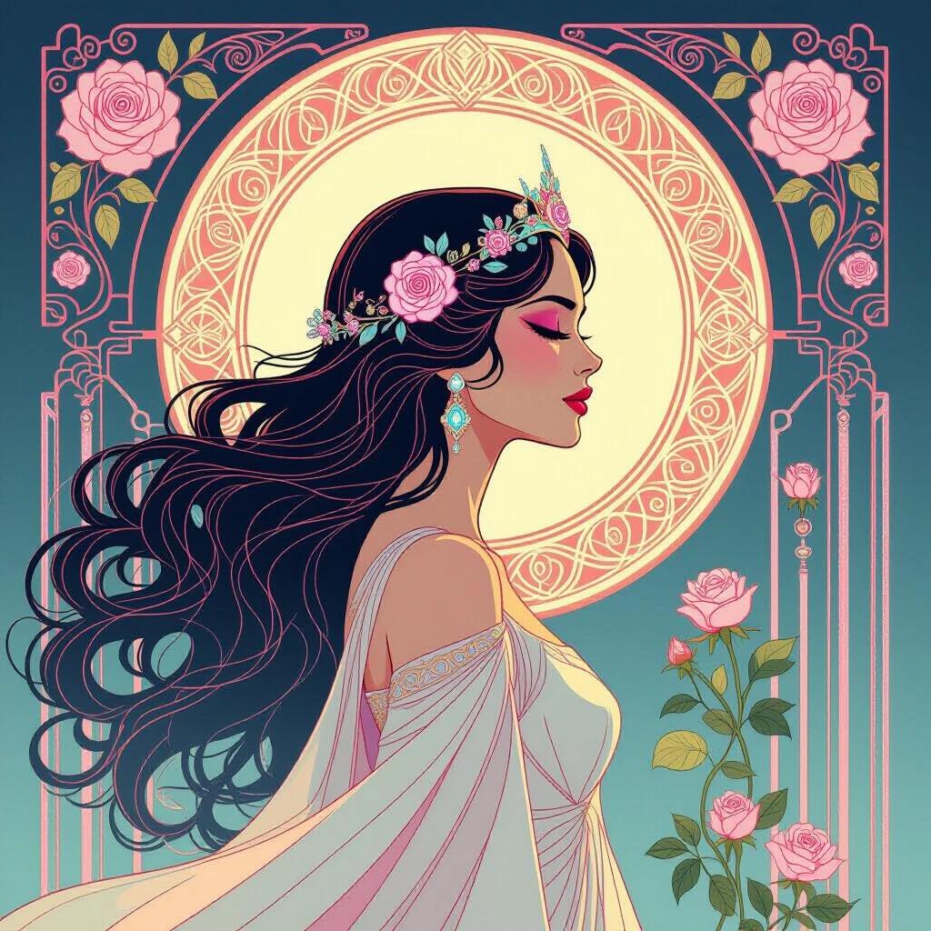 Elegant woman with flowing hair shaped like circuit vines. Framed in ornamental neon arches. Glowing roses and sinuous patterns in pastel gradients. 80s synthwave palette with soft glows and ambient haze. High fidelity brushstroke details.