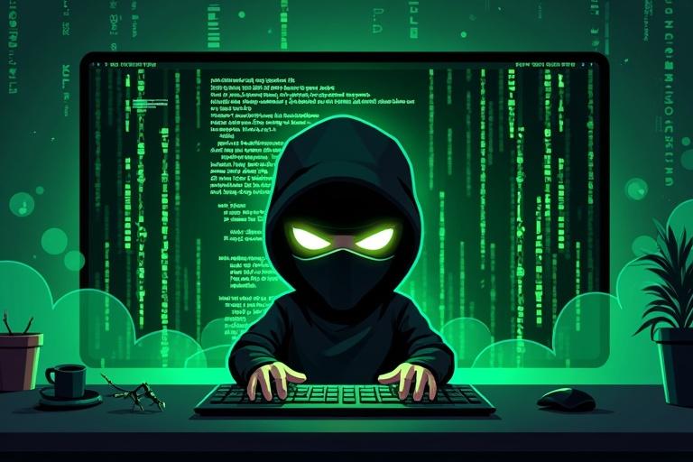 Cartoon ninja concealed in a dark setting. Background is full of green matrix-style coding. Only the ninja's eyes and keyboard glow. Stealth visual effects like shadows and smoke enhance the scene. Overall high-tech hacker environment.