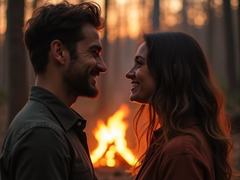 Side view of a couple gazing at each other with smiles. They are in a wooded area with a bonfire creating an orange glow.