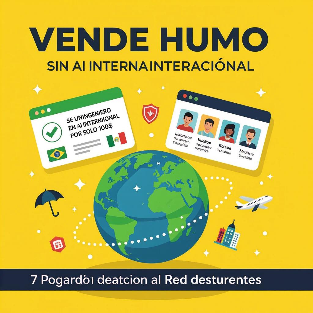A vibrant advertisement for digital business. Globe showing international routes with dotted lines. Two UI cards on top; one for AI engineering certification and one for employee profile check. Various work-related icons are included. Bold headline text in Spanish. A button inviting users to take action. Clean and modern UI style that fits tech platforms.