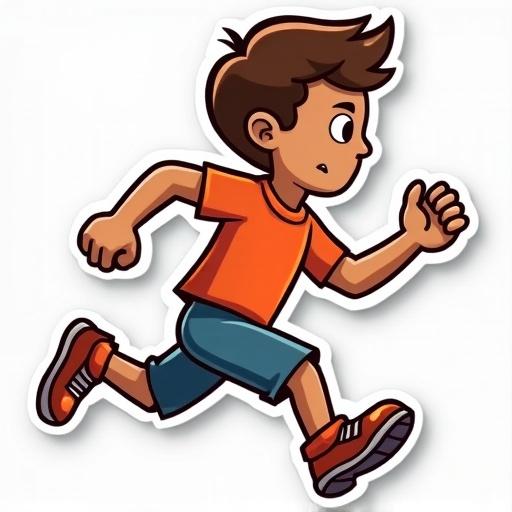 A cartoon boy running energetically. The boy wears an orange t-shirt and blue shorts. The style is playful and suitable for a sticker.