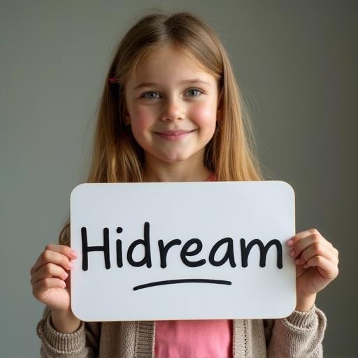 A girl is holding a board with the word 'Hidream' written on it. She has a cheerful expression and is looking at the viewer. The background is neutral in color.