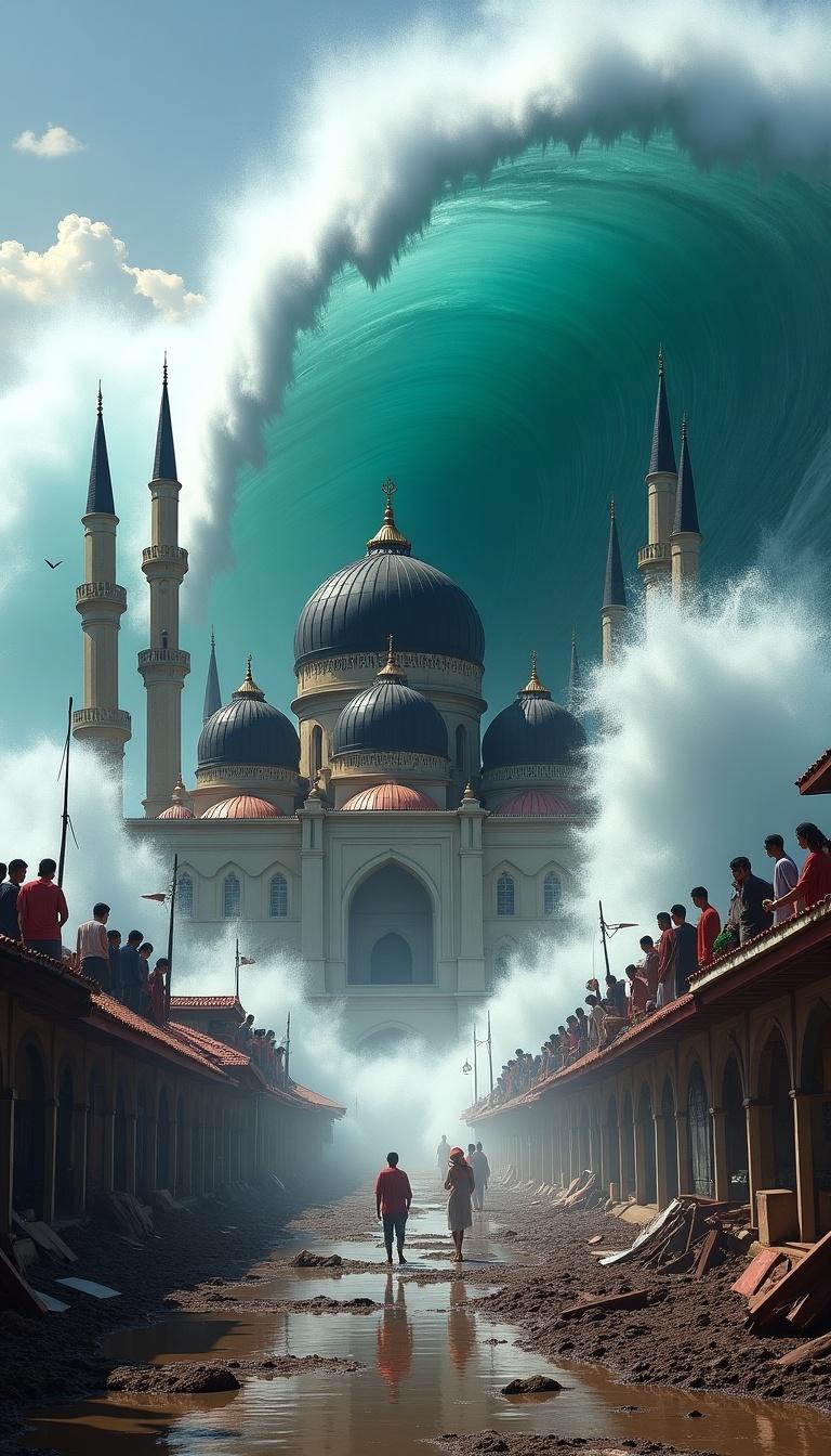 Standing image of a massive tsunami wave approaching the grand Masjid Baiturrahman. The water splits to the left and right, leaving the mosque untouched. People of various ages seek refuge on the dome, showing fear and awe. The area is filled with debris from destruction. Dramatic and detailed scene capturing a lifelike moment.