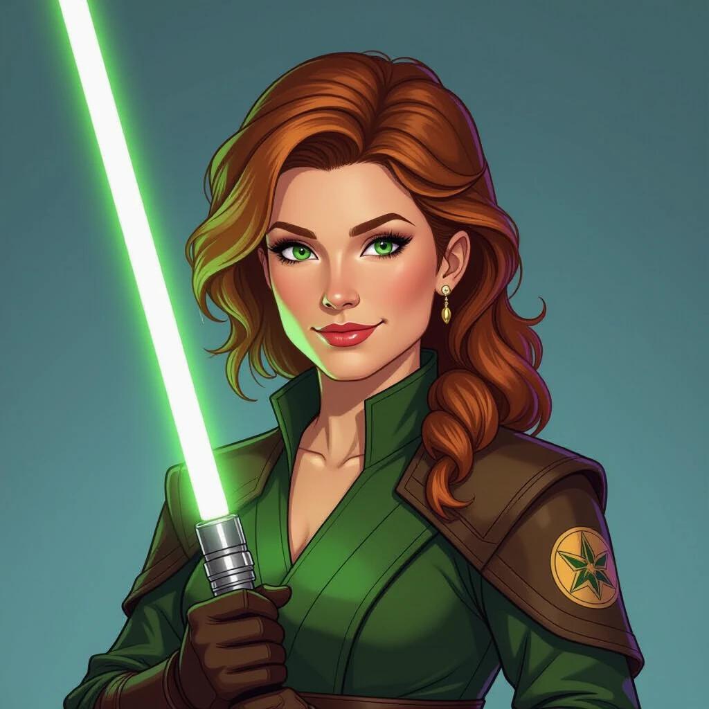 Character stands confidently holds a green lightsaber wears a Jedi outfit. Long brown hair styled elegantly featuring subtle earrings. Background is a soft gradient color.