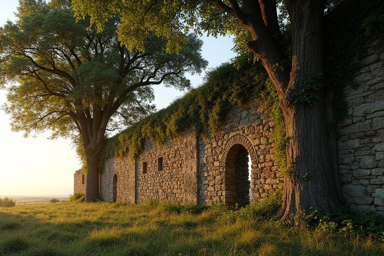 Ancient ruined wall flanked by large box trees. Crowns of trees cover ruins like a tent roof. Overgrown with wild vines and moss. Missing stones in some areas. Romanesque double-arched window without glass in a niche. Background shows wide plain with fields. Sunny evening in late summer. Last rays of sunlight illuminate wall top and tree leaves. Little ground vegetation. Few sunlight rays on ground.