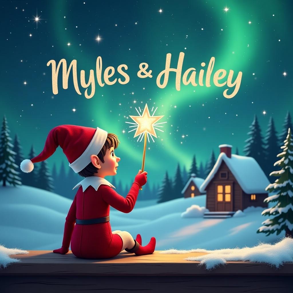 An adorable elf, dressed in a vibrant red outfit and pointed hat, sits on a wooden ledge. With its back to us, the elf gazes at a marvelous night sky filled with stars. In its hand, it holds a sparkling wand, elegantly writing the names 'Myles' and 'Hailey' in the sky. The background depicts a serene snowy landscape with charming houses and tall evergreen trees, all illuminated by the enchanting Northern Lights. This scene beautifully captures the essence of holiday spirit and childhood fantasy.