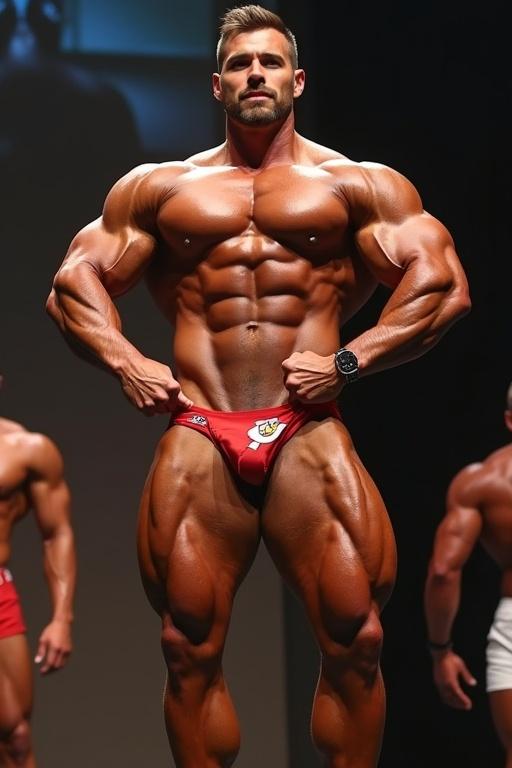 Muscular male in skinny bodybuilding trunks poses confidently in a bodybuilding competition. Showcases well-defined physique and strong build. Bulging abs, massive biceps, huge legs, perfect tan. Background displays bodybuilding competition.