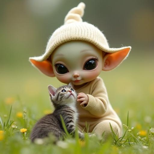 A baby alien wearing a cute hat plays with a kitten in a vibrant green field surrounded by yellow flowers. The scene is heartwarming and evokes feelings of joy and innocence.