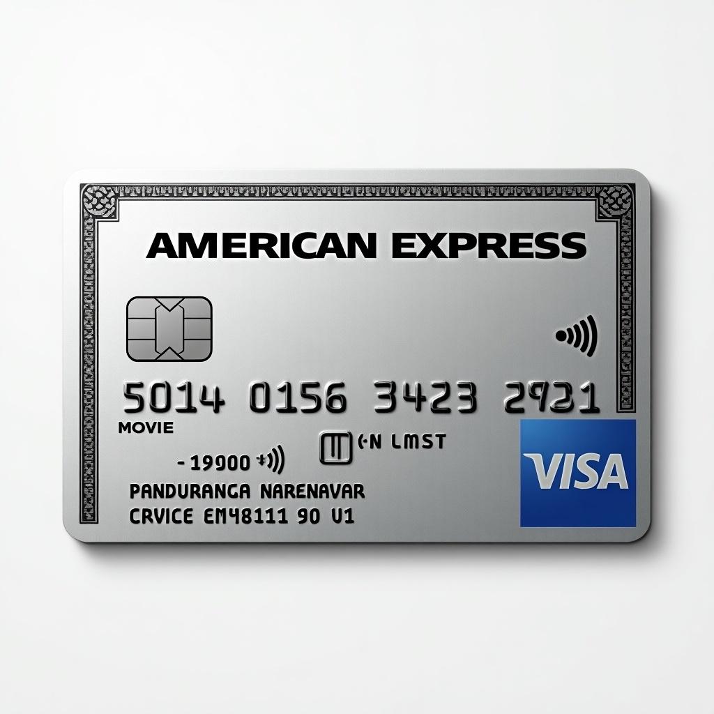 Realistic image of a platinum American Express credit card with Visa logo. Cardholder name PANDURANGA NARENAVAR. Expiry date shows NO LIMITS. Silver background with black font conveys modern elegance.