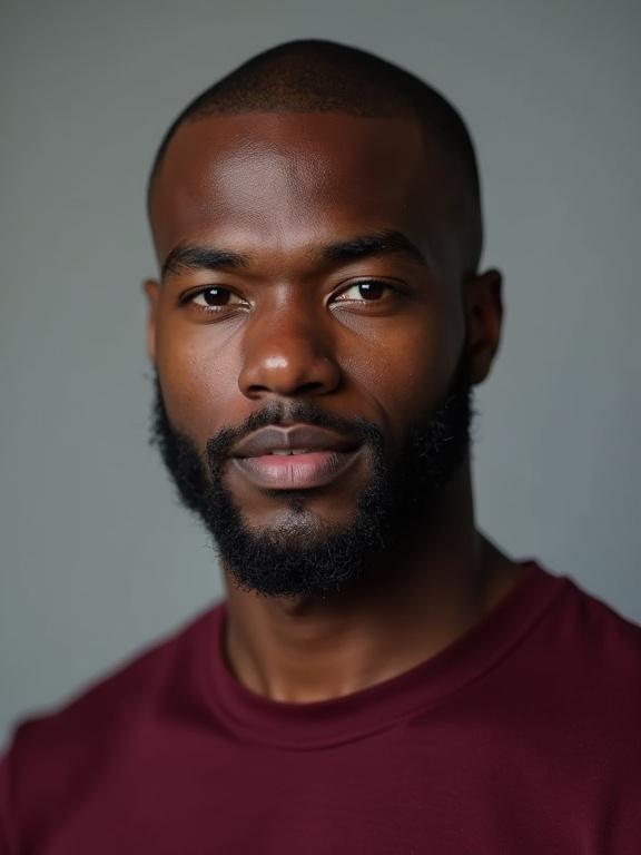 Studio portrait photograph captures a young man with bright grey eyes, shaved beard, and closely shaved head. Wearing a deep burgundy t-shirt, enhancing good complexion.