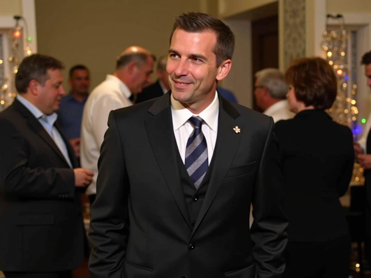 A man in a suit is standing in a well-lit room. He is surrounded by other people, indicating a social gathering or event. The decor of the room suggests it might be a formal occasion. The man looks confident and is dressed in smart formal attire. There are decorative elements in the background, adding to the festive atmosphere.