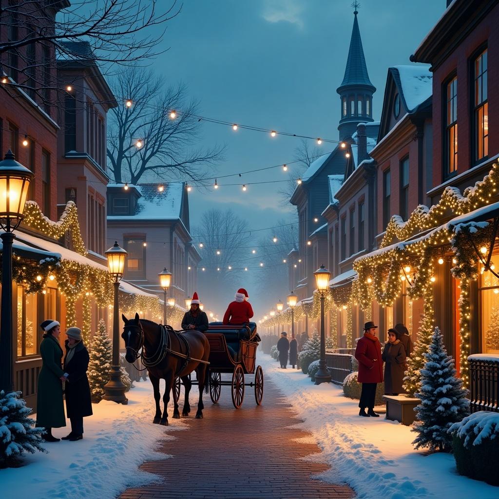 Magical Christmas scene in Victorian-era town square at dusk. Gas lanterns illuminating cobblestone streets. Horse-drawn carriage with people dressed in vintage holiday attire. Santa tipping hat from rooftop. Gentle snowflakes and northern lights create a festive atmosphere.