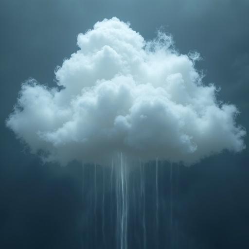 Cloud appearing ghostly with rain falling. Abstract and moody atmosphere. Soft light accentuates the cloud's form. Focus on the large, fluffy cloud surrounded by gray tones.