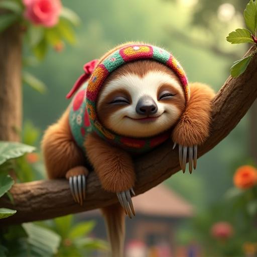 Super cute baby two-toed sloth in 3D. Fuzzy brown fur and big sleepy eyes. Soft smile while hanging from a tree branch. Wearing tiny Costa Rican poncho and colorful headband. Tropical rainforest background with flowers. Small folkloric fair at a distance. Warm joyful lighting and Pixar-style textures.