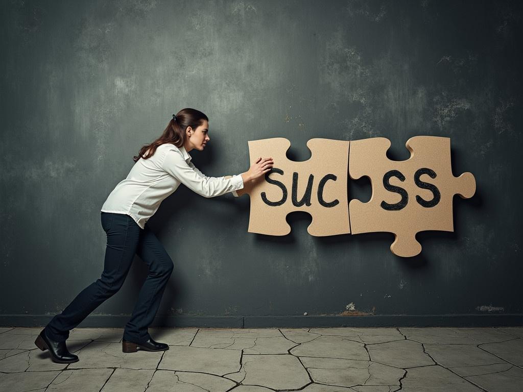 The image depicts a woman in a white shirt and dark pants pushing a large puzzle piece that has the letters 'SUCC' on it. The woman looks determined, and she is straining to fit that piece into another puzzle piece that has the letters 'ESS'. The background is a dark, textured wall with a distressed look, giving a moody atmosphere. The floor is made of cracked tiles, enhancing the feeling of challenge. The overall theme of the image symbolizes the quest for success by fitting the pieces together.