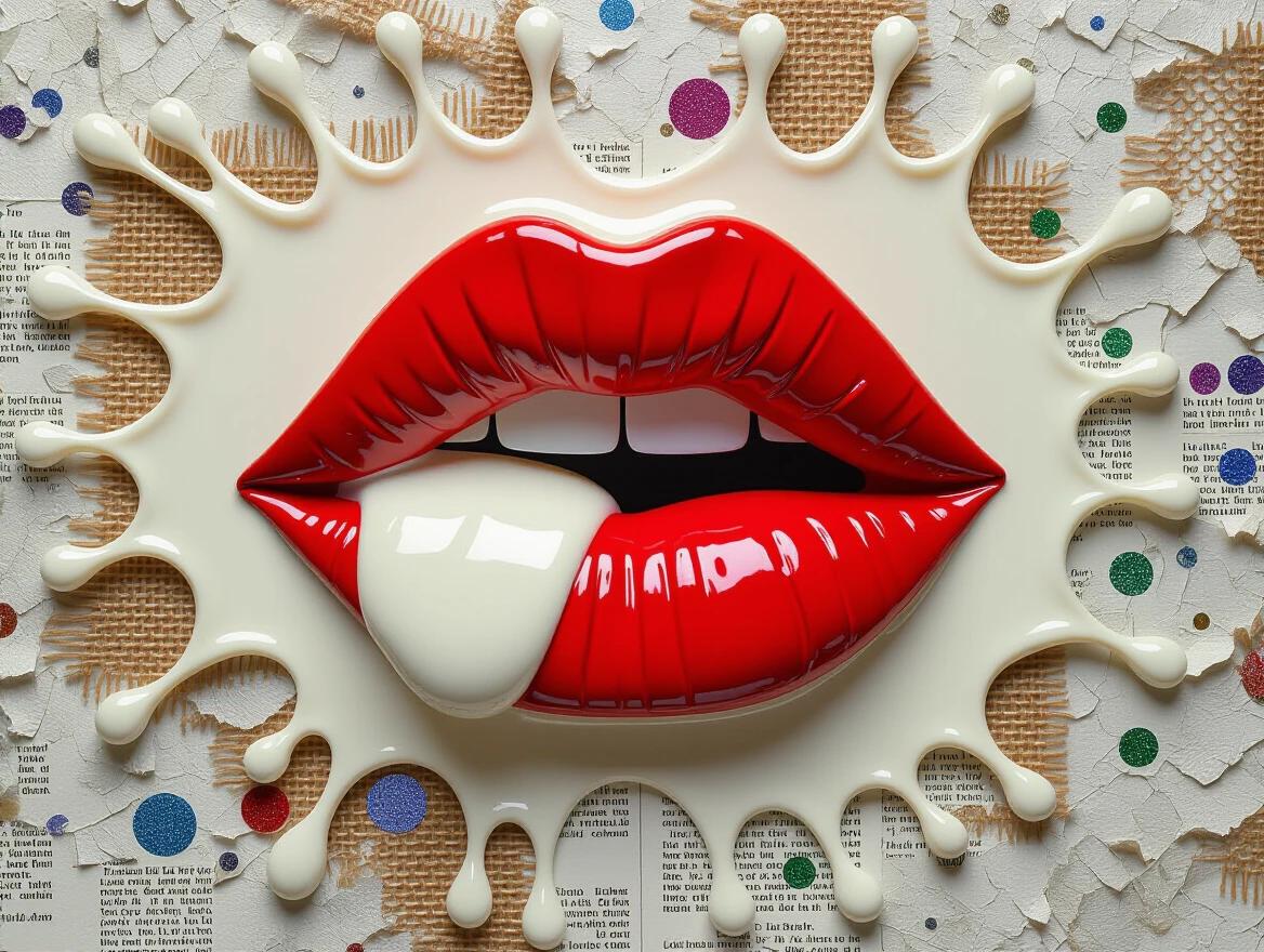 Bright red lips depicted with a tongue licking in a creamy swirl. Collage background includes newspaper textures, jute fibers, and glittering confetti. The art features a mix of materials like wood and sand. Digital artwork showcases scratches and drops.