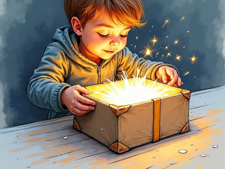 Child opening a glowing package. Expressive sketch in loose pencil and marker with white highlights. Atmosphere of anticipation and playfulness. Isometric box at center with glow spilling out.