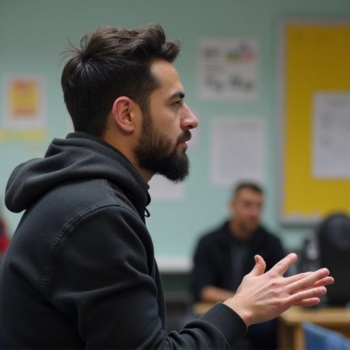 Image of a student in a classroom pondering a question. The student is captured in a thoughtful pose, suggesting self-reflection. Background contains educational materials.