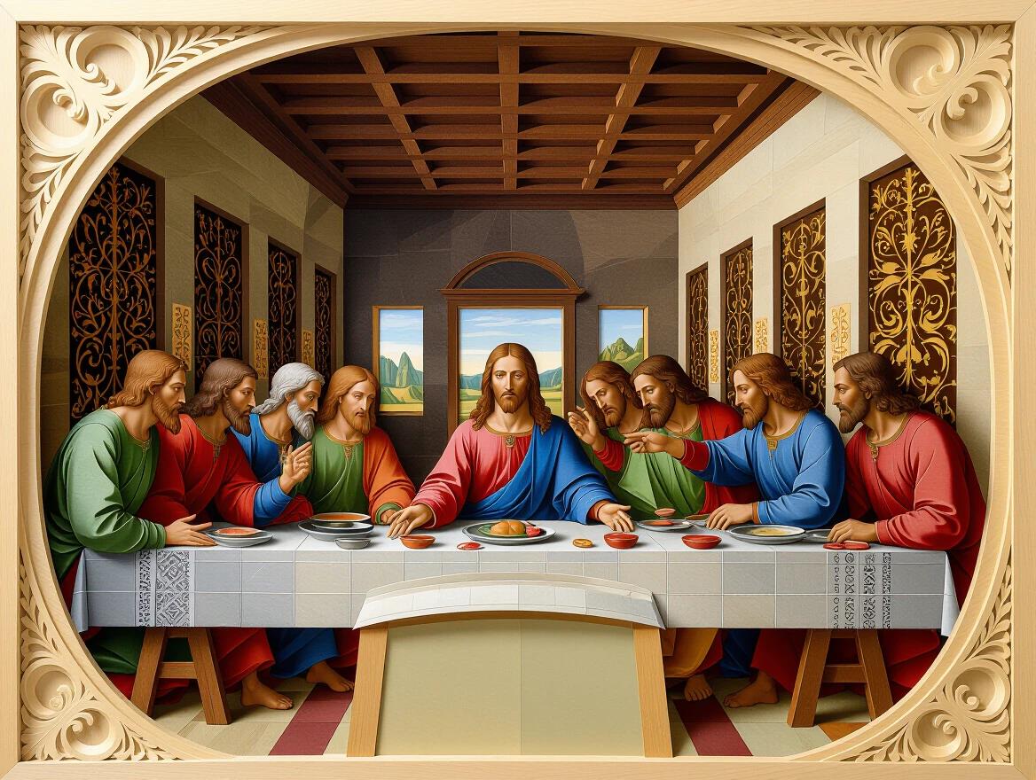 Detailed marquetry relief artwork of The Last Supper. Artwork features wood carving style. Intricate detail and texture depicting a significant biblical scene.